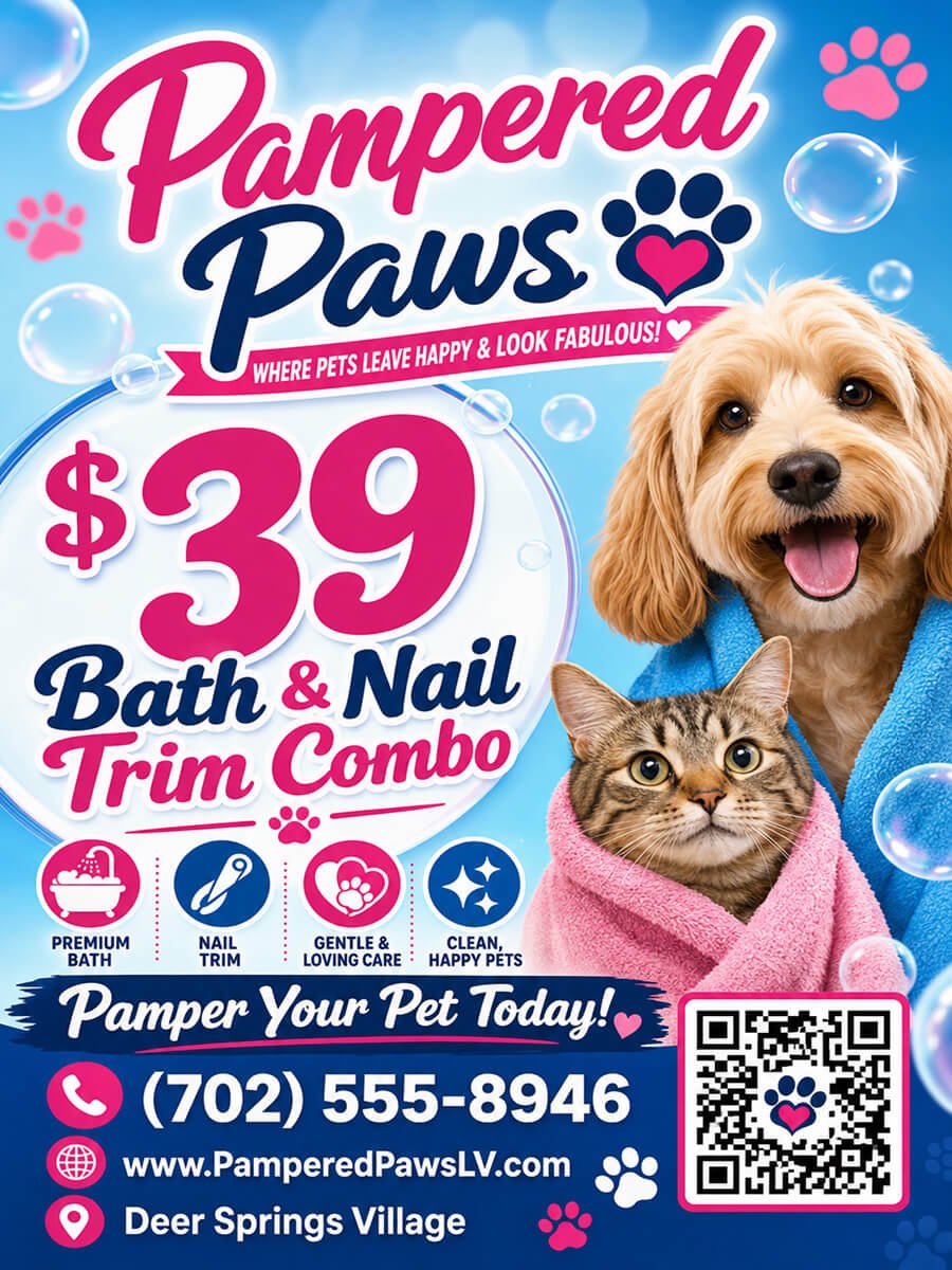 Sample Featured ad for a pet grooming business: $39 bath and nail trim combo, phone number and QR code