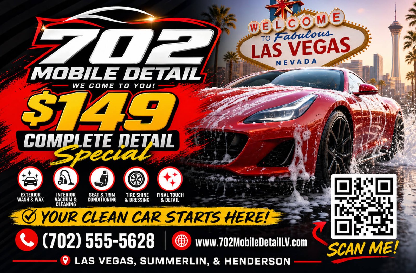 Sample Premier ad for a mobile detailing business: $149 complete detail special, phone number and QR code
