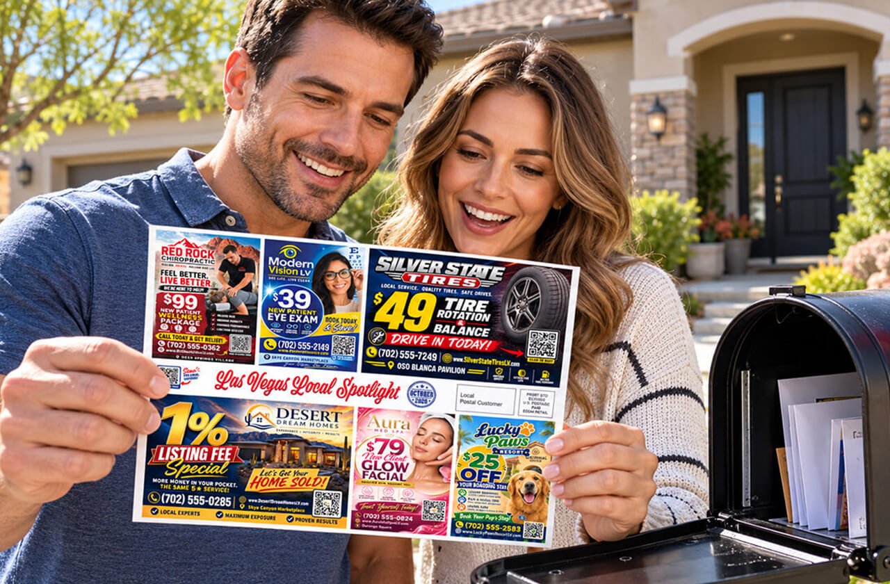 A smiling couple holding a Vegas Postcards shared postcard with local business ads
