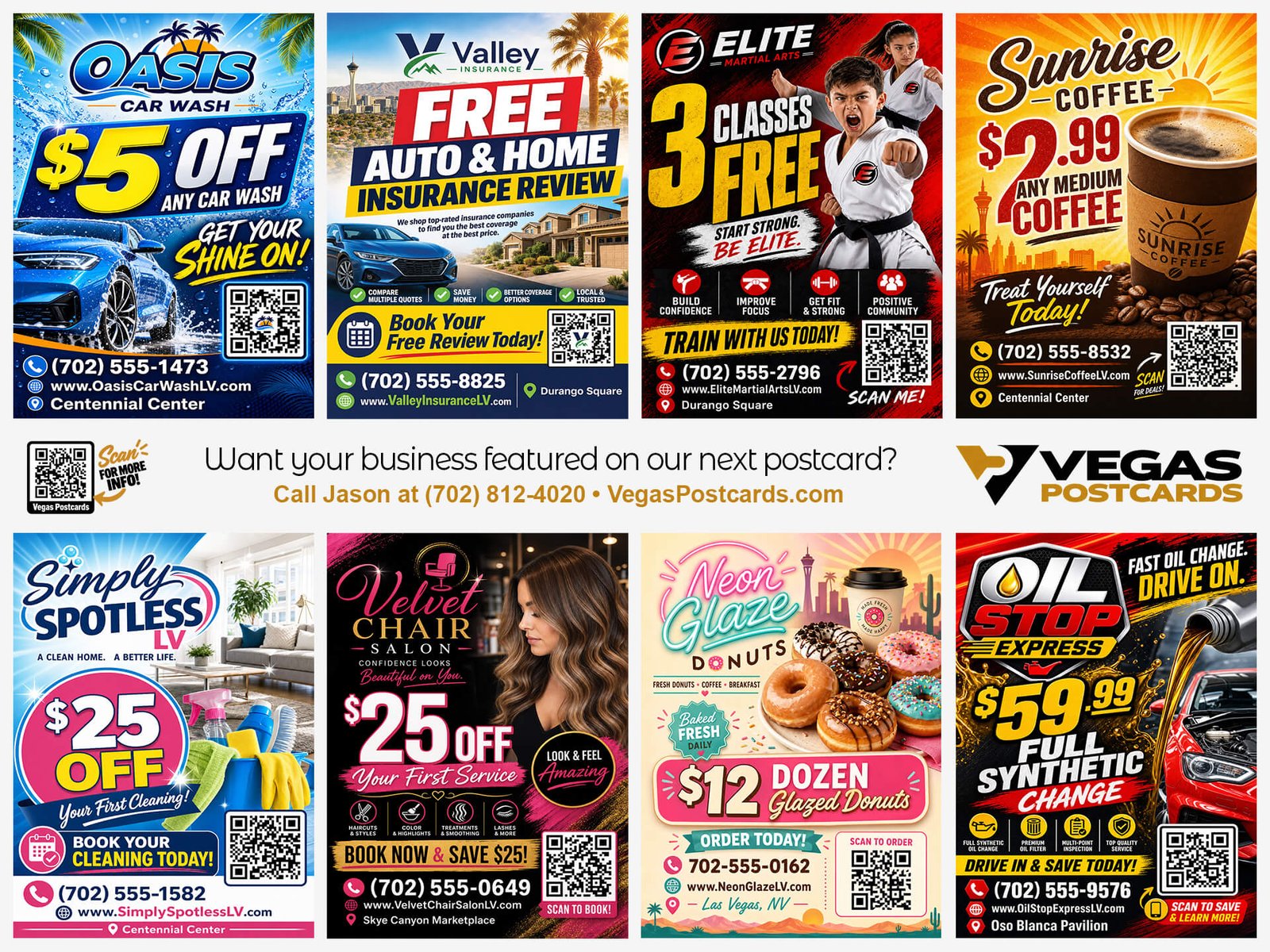 Back of an example Vegas Postcards postcard with eight local business ads