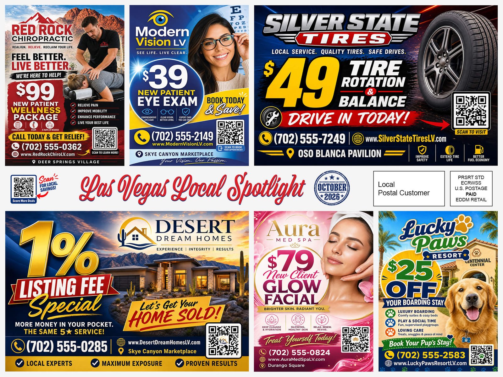 Front of an example Vegas Postcards postcard with eight local business ads